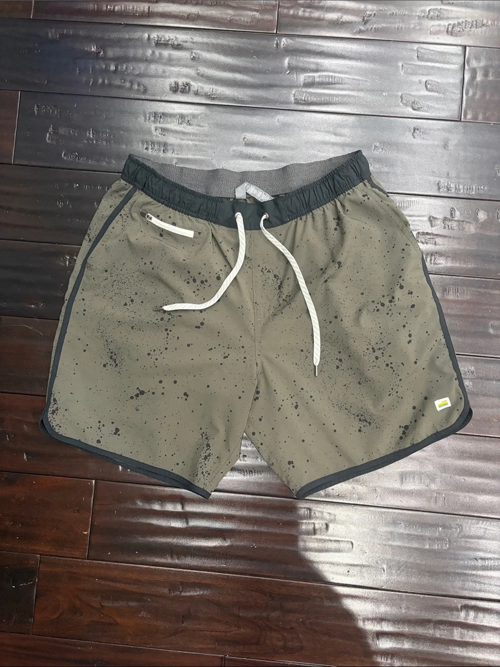 Vuori Olive Green Splatter Athletic Shorts with Black Trim